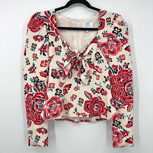 Rebecca de Ravenel Tops - Rebecca de Ravenel Women Abstract Floral Puff Sleeves Silk Blouse Cream Red 4